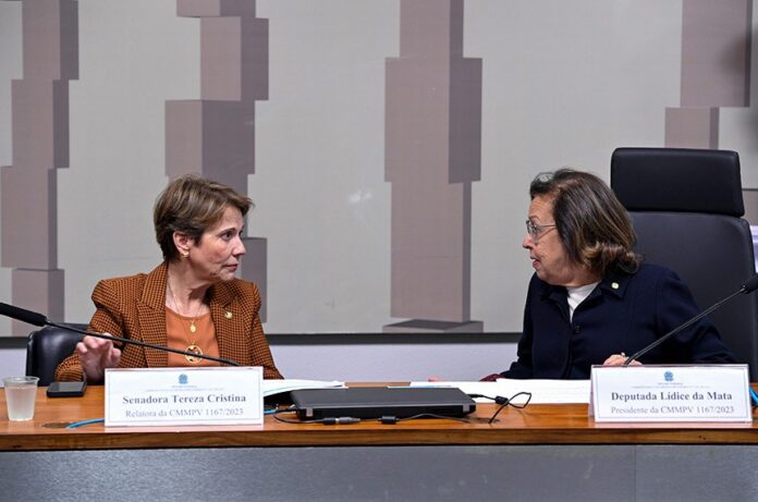 A relatora, senadora Tereza Cristina, e a presidente da comissão mista, deputada Lídice da Mata olham uma para a outra sentadas à mesa